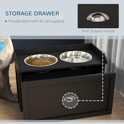 PawHut Dog Feeding Station with Storage Drawer - Removable Elevated Dog Bowls for Large Dogs, Black