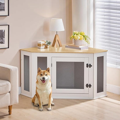 MAHANCRIS Corner Dog Crate Furniture, Wooden Dog Kennel End Table, Decorative Pet Crate Indoor Use, Furniture Style Dog House for Small Medium Dog, Dog Cage TV Stand, White and Natural DCBN0801