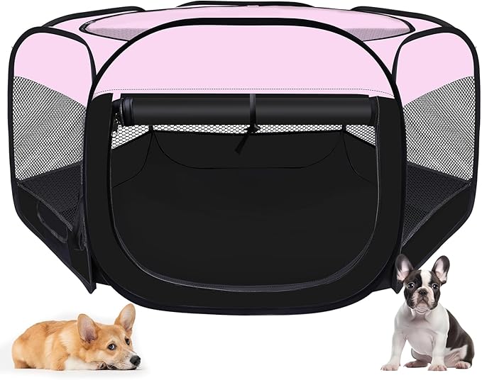 Dog Cat Playpen,Portable Pet Puppy Playpen,Rabbit Puppy Dog Play Pen for Indoors,Dogs Tent for Indoor Cats,Kitten Playpen,Collapsible Small Cats Crate Cage for Small Dogs with Carrying Case(Pink, S)