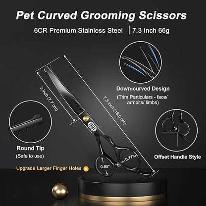 CIICII Dog Grooming Scissors Kit, 7 Inch Professional Pet Grooming Scissors Set with Safety Round Tip (Dogs/Cat Hair Cutting Trimming Thinning Shears with Curved Scissors) for DIY Home Salon (Black)