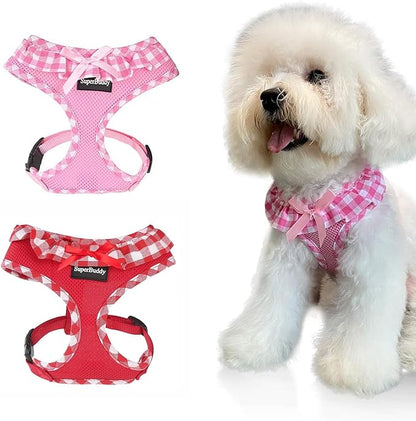 SuperBuddy Upgraded Soft Mesh Dog Harness, Super Breathable Lightweight Pet Harnesses for Puppy Dogs Outdoor Walking, Pink and Red Dog Harness Set Packing-Small
