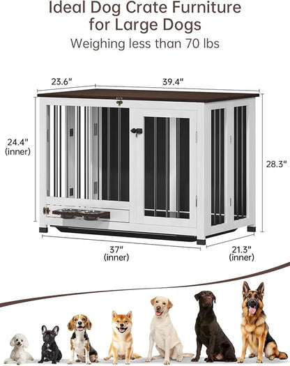 39.4" Dog Crate Furniture - Sturdy Dog Kennel with 360° Rotating Feeder & Removable Tray, Wooden End Table for Living Room, Dog Cage for Small & Medium, White