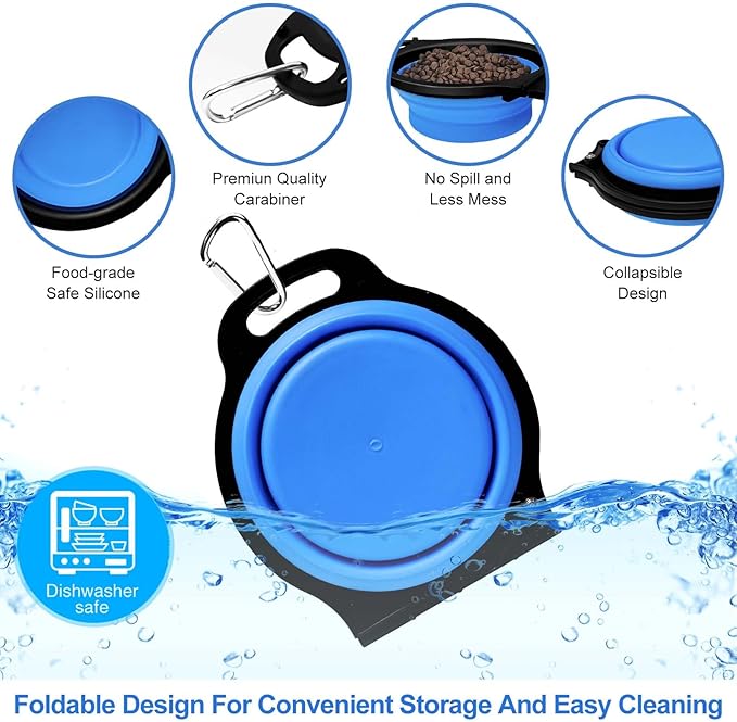 Collapsible Silicone Cat and Dog Travel Bowls,2 in 1 Foldable Pet Feeding and Watering Dish for Walking Camping Hiking with Carabiner (Blue)
