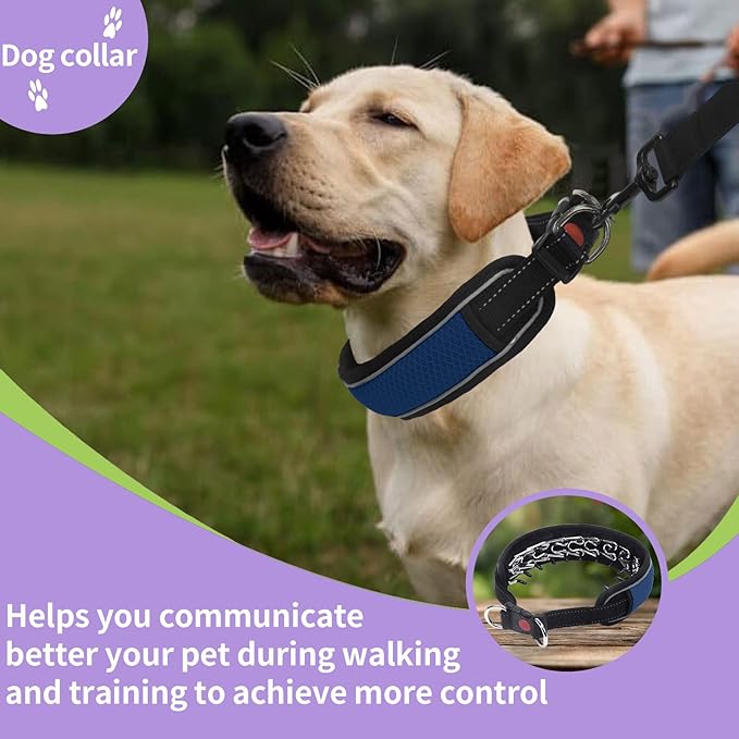 Martingale No Pull Dog Collar for Large Medium Dogs Training Walking, Heavy Duty Nylon Reflective Adjustable Anti Pull Slip Collar with Buckle L Dark Blue