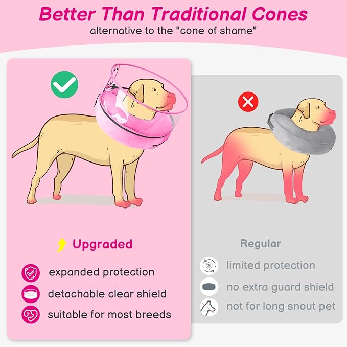 BARKLESS Inflatable Dog Cone, Protective Dog Surgery Collar to Stop Licking Biting Wounds, Patented Soft Donut Cone with Clear Shield, Adjustable Blow-up Collar for Surgery Recovery (Pink, S)