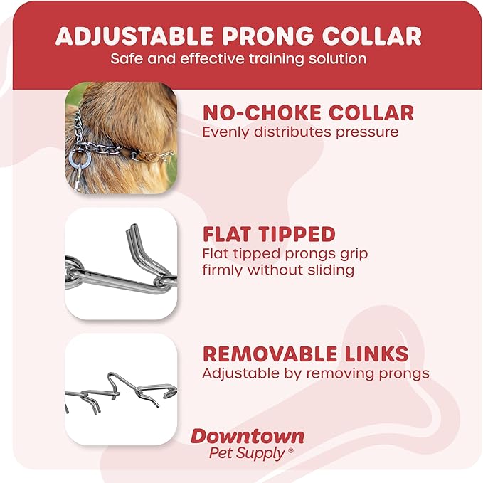 Downtown Pet Supply Chrome Plated Prong Collar for Dogs, Large - Adjustable, No-Choke and No Pull Dog Collar with Removable Links - Pinch Collar for Dogs Over 50 lbs and 22" Neck Width
