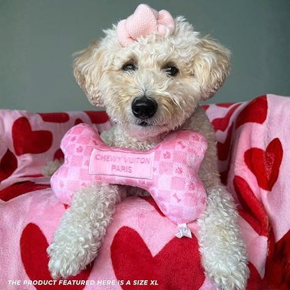 Haute Diggity Dog Chewy Vuiton Bone Plush Squeaky Dog Toy, Soft Durable Designer-Inspired Stuffed Puppy Chew Toys for Small & Medium Dogs, Machine-Washable (Pink Checker) Small