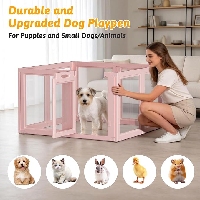 DIY Clear Acrylic Dog Playpen House,Quick Easy Assembly and Disassembly,Strong Floor Suction,Indoor and Outdoor Use,Easy Cleansing Puppy Fence (Skin Pink, 23.6" H, 8PCS)