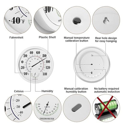 Indoor Outdoor Thermometer Wall Large Numbers Thermometer No Battery 10" Hanging Digital Weather Hygrometers for Home Garden Outside Patio Decor (White)