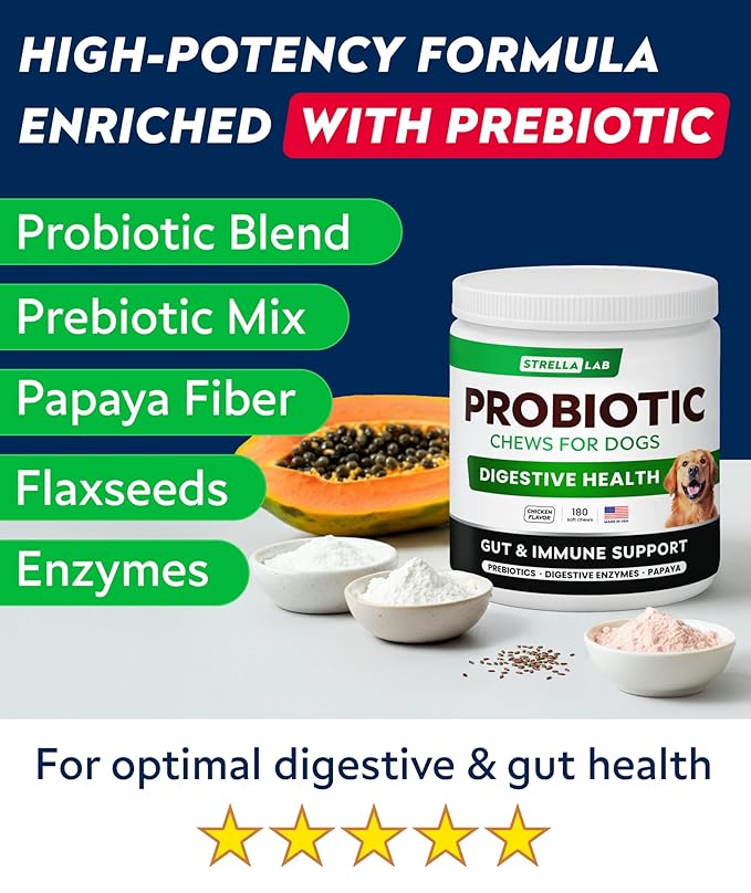 STRELLALAB Dog Probiotics Chews for Gut Support & Digestive Health with Enzymes - Anti Diarrhea and Upset Stomach Immune Supplement - Digestion Treats with Fiber and Prebiotics (180Ct, Chicken)