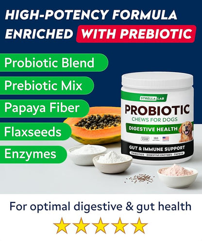 STRELLALAB Dog Probiotics Chews for Gut Support & Digestive Health with Enzymes - Anti Diarrhea and Upset Stomach Immune Supplement - Digestion Treats with Fiber and Prebiotics (180Ct, Chicken)
