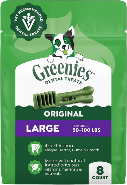 Greenies Veterinarian-Recommended Adult Natural Dental Dog Treats Large Size, Dog Dental Chews, Original Flavor, 12 oz. Pack, 8 Count