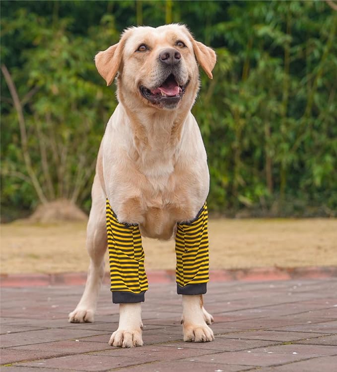 HDKUW Dog Elbow Protector for Calluses, Recovery Suit for Front Legs, Cone Collar Alternative to Stop Licking Wounds, Cover Sleeve for Small Medium Large Dogs - Black Yellow 2XL