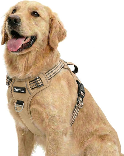 Funfox Dog Harness No Pull, Adjustable Pet Vest Harness, Super Soft Material with Vertical Handle Easy Control, Reflective Night Walking, 2 Leash Clips for Large Dogs, Brown, L