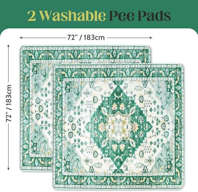 Washable Pee Pads for Dogs 2 Pack Reusable Puppy Training Pads 72"x72" Super Absorbent Waterproof Dog Training Pads, Non-Slip Potty Pads Whelping Pads Litter Mat Pet Supplies - Green Medallion