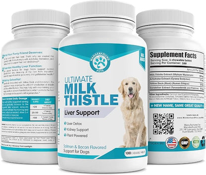 Wanderfound Pets Milk Thistle for Dogs – Tasty Salmon & Bacon Flavored Natural Liver Support for Pets – Kidney Cleanse Detox & Repair Formula Manufactured in the USA – 100 Chewable Tablets
