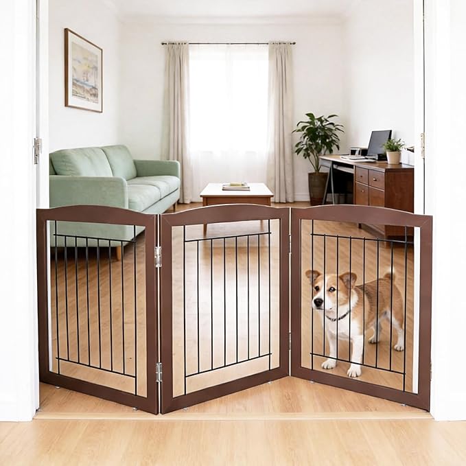 ZJSF Freestanding Foldable Dog Gate for House Extra Wide Wooden Brown Puppy Gate Stairs Dog Gates Doorways Tall Pet Gate 24 "Height 3 Panels Pet Fence