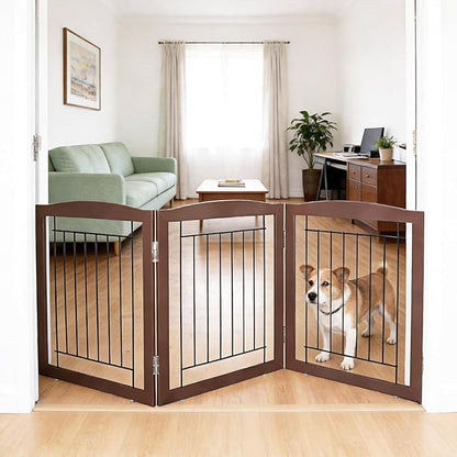 ZJSF Freestanding Foldable Dog Gate for House Extra Wide Wooden Brown Puppy Gate Stairs Dog Gates Doorways Tall Pet Gate 24 "Height 3 Panels Pet Fence