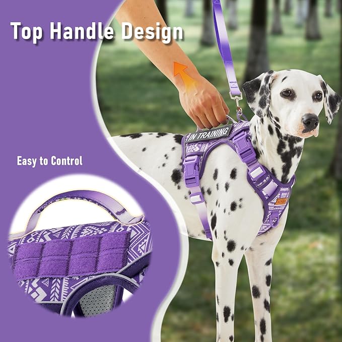 AUNZO Tactical Dog Harness for Large Dogs No Pull Easy Walking Adjustable Pet Harness Reflective K9 Working Training Easy Control Pet Vest Military Service Dog Harnesses Purple Ethnic L