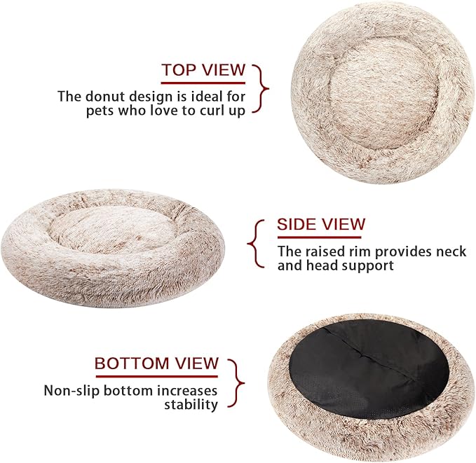 Bedfolks Calming Donut Dog Bed, 36 Inches Round Fluffy for Large Dogs, Anti-Anxiety Plush, Machine Washable (Brown, Large)