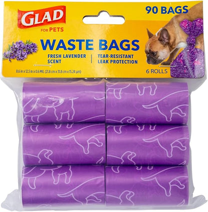 Glad for Pets Scented Waste Bags, Tear Resistant Pet Poop Pick-up Bags with Leak Protection, Fresh Lavender Scent, Purple Designs, 6 rolls, 90 bags total