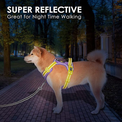 PHOEPET No Pull Dog Harness, Unique Colors Reflective Adjustable Dog Vest, with Soft Training Handle Metal Clips for Small Medium Large Dogs (Baby Purple Base & Yellow Straps,M)
