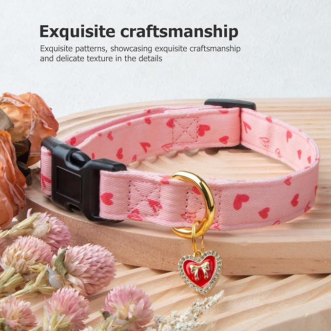 Cotton Handmade Dog Collar Cute and Distinctive Patterns Pink Heart with Pendant for Girl Boy Dogs Collars S