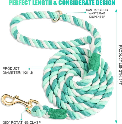 Dog Leash 6 FT Handmade Braided Cotton Rope Leashes for Small Medium and Large Dogs, New Golden Heavy Duty Metal Clasp, Moss Green