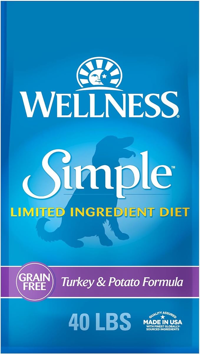 Wellness Simple Limited Ingredient Adult Dry Dog Food, Grain Free Kibble, Sensitive Stomach, Skin & Coat Support, Natural, Chicken Free, Turkey and Potato Recipe, 40 lb Bag