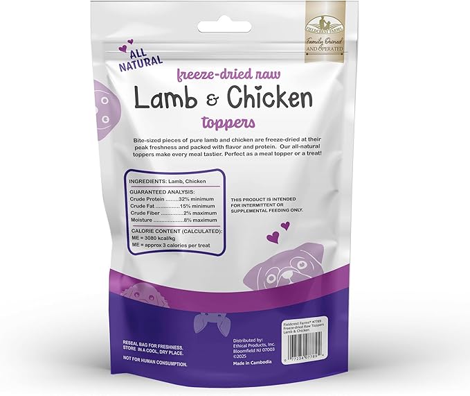 Fieldcrest Farms Freeze-Dried Raw Lamb & Chicken Dog Food Toppers or Treats, All Natural, Real Ingredients, No Additives or Fillers, Protein & Flavor Boost, 12 oz