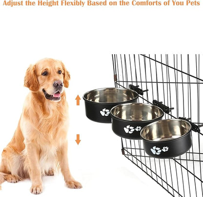 2 Pack Black Stainless Steel Pet Bowls Anti-Spill Metal Feeder Food and Water Feeding Bowl, Hanging Cage Pet Crate Bowl for Puppy Kennel Medium Large Pets (Black,M (5.5x2.2'' & 6.2x2.3''))