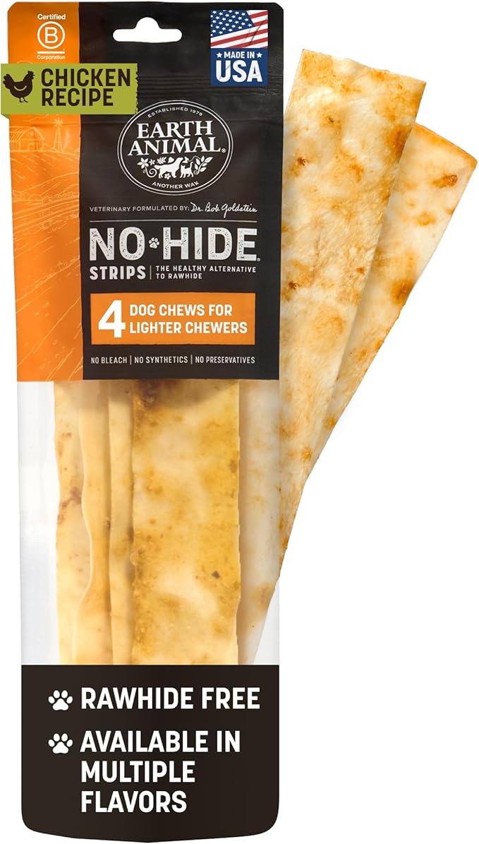 Earth Animal No Hide Strips - Natural Rawhide Free Dog Chew Strips, Chicken - 4 Count