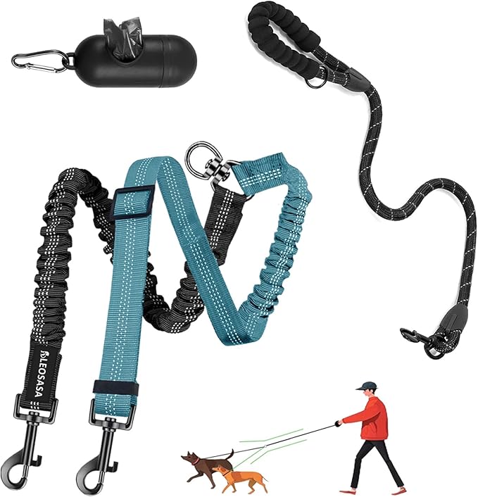 Double Dog Leash - 360°Swivel Tangle Free Splitter Attachment, 1 Rope with Handle, 2 Dogs Multi-Functional Leash, for Outdoor Walk Train Small Medium Large Two Pet, Lake Blue