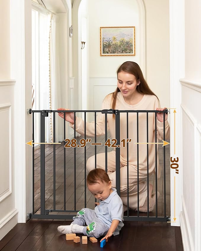 InnoTruth 28.9-42.1" Wide Baby Gate for Stairs, 30" Tall Dog Gates for Doorways Expandable One-Hand Open, Easy Walk Through Dual Lock Metal Pet Gates for Dogs, Black-Family & Mom's Choice Award Winner