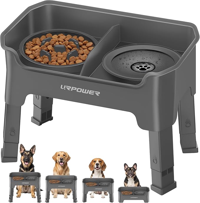 URPOWER Mess Proof Elevated Dog Bowls 4 Height Adjustable Raised Stand with No Spill Water Bowl and Slow Feeder Dog Bowls Non-Slip Food and Water Bowl Set for Small, Medium & Large Dogs