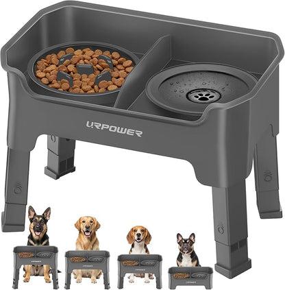 URPOWER Mess Proof Elevated Dog Bowls 4 Height Adjustable Raised Stand with No Spill Water Bowl and Slow Feeder Dog Bowls Non-Slip Food and Water Bowl Set for Small, Medium & Large Dogs