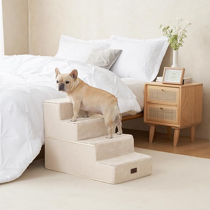 EHEYCIGA Dog Stairs for Bed 20" H, 4-Step Extra Wide Dog Steps for High Bed, Pet Steps for Small Dogs and Cats, Non-Slip Balanced Pet Ramp Indoor, Beige
