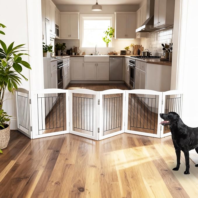 ZJSF Freestanding Foldable Dog Gate Wooden Extra Wide White Puppy Gate 6 Panels Tall Pet Gates for The House Dog Fence