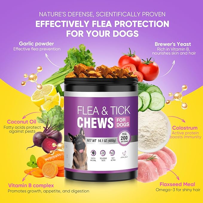 Dog Flea and Tick Treatment Chewable 200 Treatment Chews Natural Soft Chew Fleas Ticks Treatment Dog Oral Chewables Support Supplement