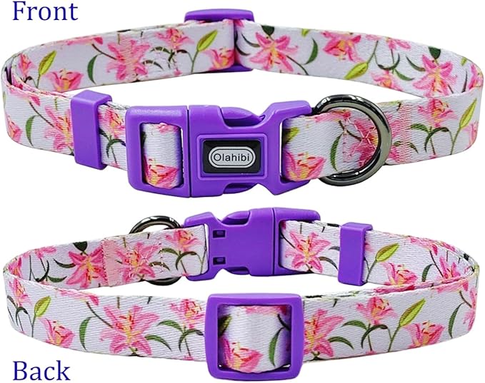 Dog Collar Leash Set, Floral Pattern, Polyester Material, Adjustable Collar and 5ft Matchcing Leash, for Puppy Dogs.(XS, Purple Lily)