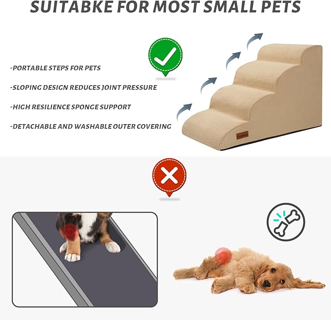 Aodisman Dog Steps for Bed, 4-Step Dog Stairs Ramp for Small Dogs and Cats, Indoor Non-Slip Pet Stairs Suitable for Older, Short-Legged, and Puppy Dogs to Climb Onto High Beds and Couch, 17.4" H,Khaki
