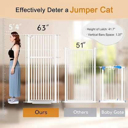 Senneny 63' Extra Tall Cat Gate Auto Close & One-Hand Open, Includes Extension Kits, No Drilling Pressure Mounted and Wall Mounted Kits, Metal Pet Gate Fits Openings 45.2' to 49.2' Wide, White