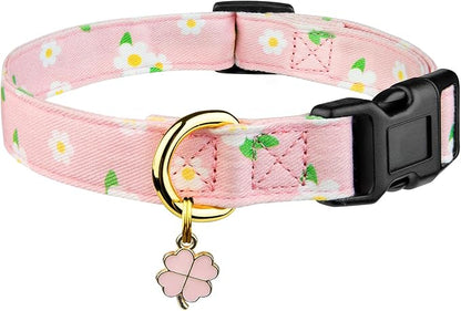 Cotton Handmade Dog Collar Cute and Distinctive Patterns Pink Flower with Pendant for Girl Boy Dogs Collars L