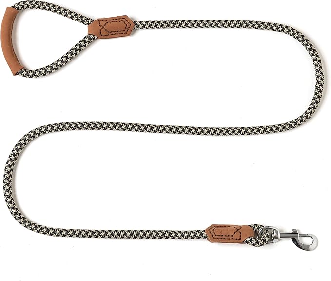 Mile High Life | Premium Leather Handle Dog Leash | Strong Rope Leash | Zinc Alloy Strong Clasp | Small Medium Large Dogs | 4/5/6 Feet(Black Khaki, 72 Inch (Pack of 1))
