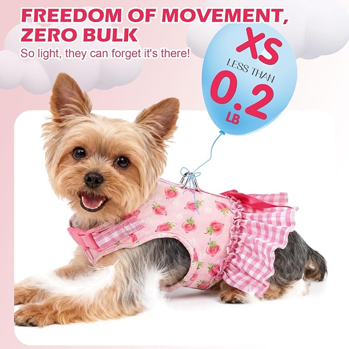 EXPAWLORER Dog Harness Small Medium Sized Dogs, Plaid Dog Dress Bowknot Harness and Leash Set, No Choke No Pull Soft Mesh Vest Cute Princess Puppy Outfits Clothes Costume for Girls Party Cats Pink S