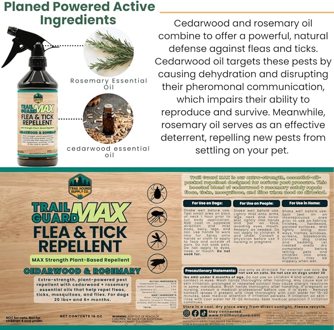 Trail Guard MAX - Natural Extra Strength Insect, Flea and Tick Spray for Dogs, Cats, People & Home (16oz MAX Strength, Cedarwood & Rosemary)