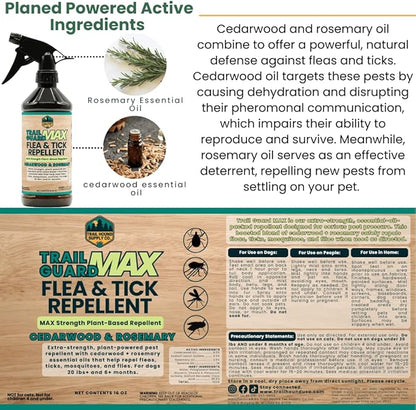 Trail Guard MAX - Natural Extra Strength Insect, Flea and Tick Spray for Dogs, Cats, People & Home (16oz MAX Strength, Cedarwood & Rosemary)