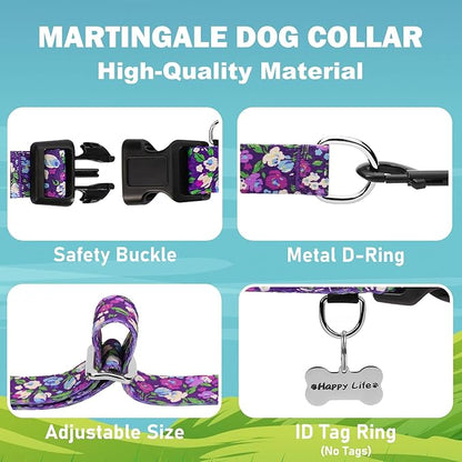 Martingale Collar for Dogs with Buckle Floral No Pull Training Dog Collars (Purple Floral, Medium)