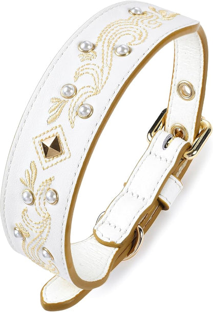 Blueberry Pet Western Genuine Leather Dog Collar for Small Breeds, Pearl White - Floral Embroidery, Pearl Studs, Adjustable 12-15 Inch Neck