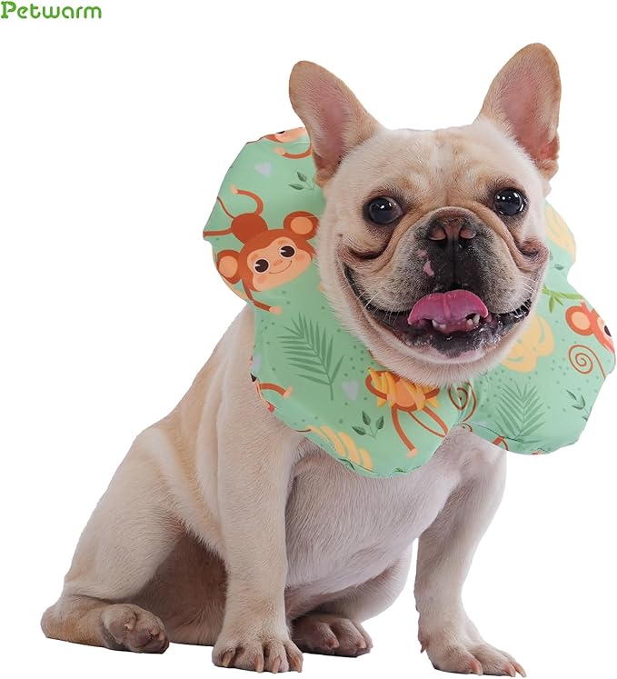 PetWarm Recovery Collar for Dogs, Dog Recovery Collar, Lightweight Pet Neck Protector with Memory Foam Padding, Gentle No-Lick Flower Design for Calm Rest and Travel, Monkey Print, Green, S